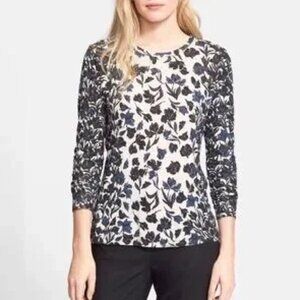 Tory Burch Pima Cotton Long Sleeve Blue Floral Crewneck Top XL